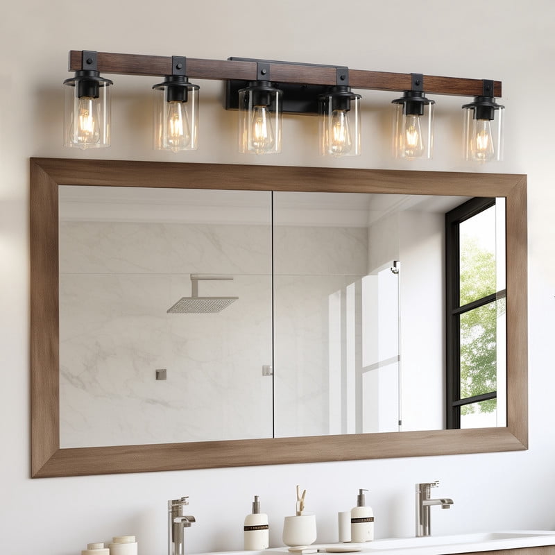 42" Rustic 6-Light Vanity Light, Industrial Bathroom Wall Sconce with Clear Glass Shades & Wood Accent, Modern Farmhouse Bathroom Light Fixture for Vanity, Powder Room (Bulbs Not Included)