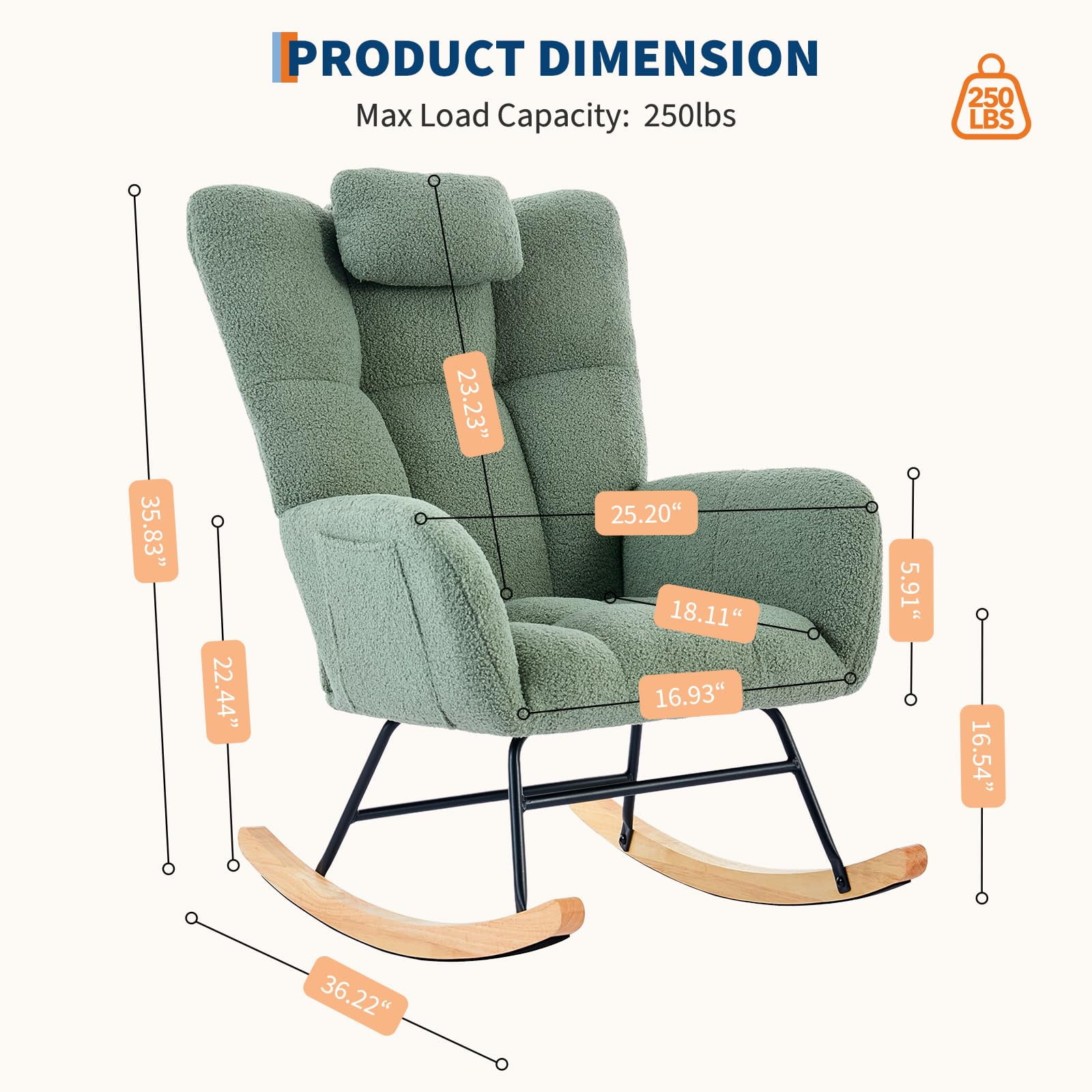 KOKEBREN Teddy Upholstered Rocking Chair for Nursery,Glider Rocker for Adults,Chair for Living Room Bedroom,Green