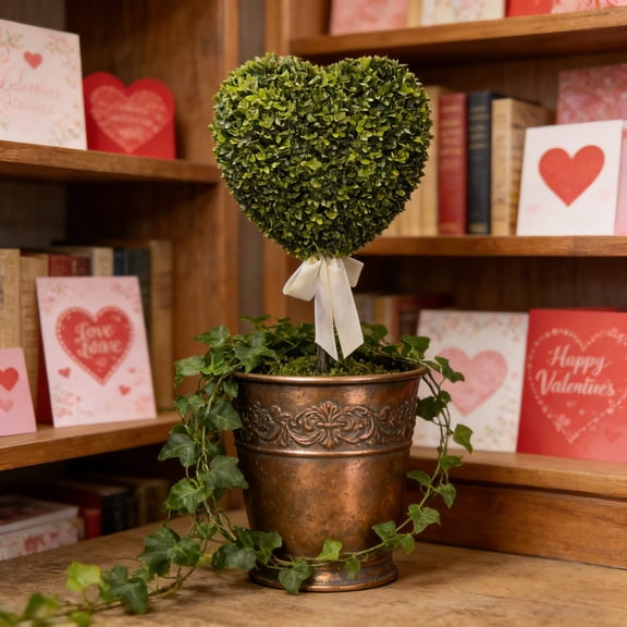 Boxwood Heart Topiary, Green and White Planter Pots with Bow Tie, 32", Valentine's Day Indoor Porch Home Decor
