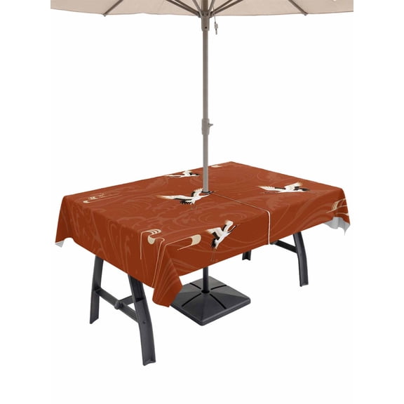 Outdoor Tablecloth with Umbrella Hole for Patio/Picnic/Party/Camping, Japanese Style Waterproof Table Cloth Rectangle Table Cover Washable, Vintage Art Cranes Ocean Wave Red (52"x 70")