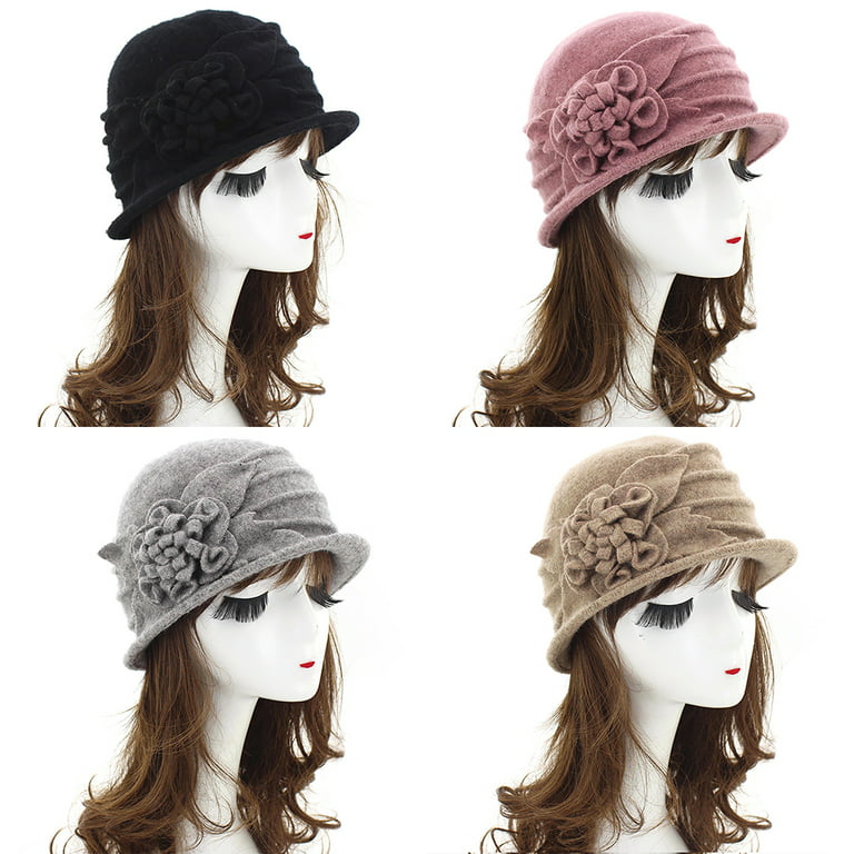 Women Cloche Hat Vintage Flower Warm Winter Bucket Hat Cloche Bucket Wool  Hat 