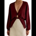 thumbnail image 3 of Suéter Cárdigan para Mujer, Cuello en V Profundo, Larga, Botones, Tejido A Crochet, Suéteres Cortos de Otoño A Vino Tinto L, 3 of 10