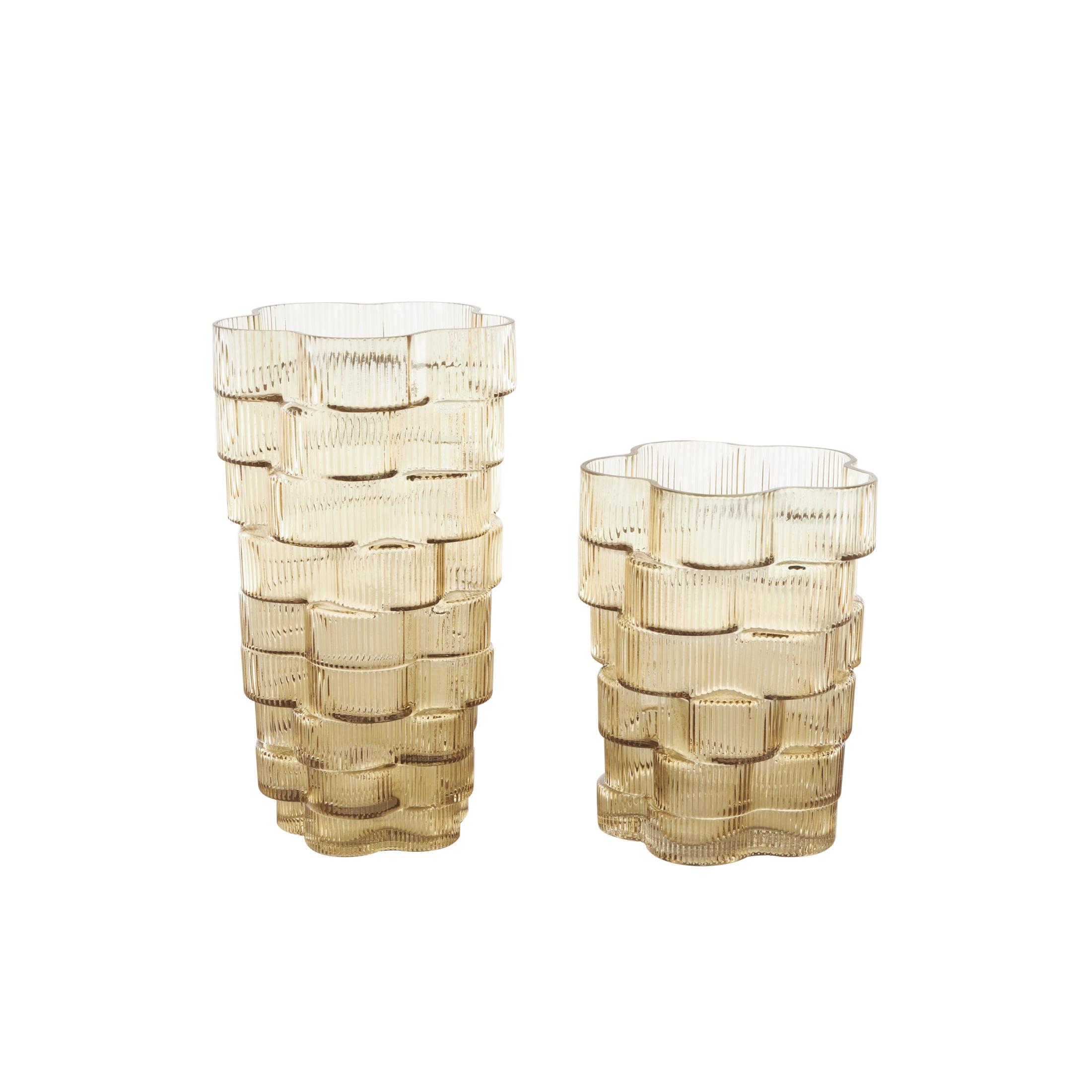 DecMode 12", 9"H Floral Ribbed Stacked Brown Glass Vase, Set of 2
