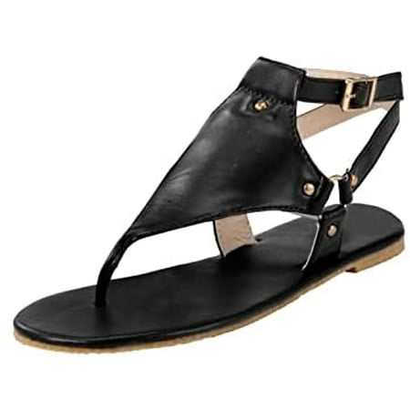 

Womens Summer Gladiator Thong Flat Sandals Casual Adjustable Ankle Strap Solid Flip-Flop