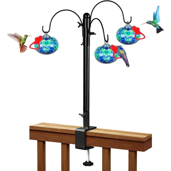 15 Inch Hand Blown Glass Hummingbird Feeder with Deck Railing Hook – Clamp-On Stand for Outdoor Garden, Adjustable Bird Feeder Pole, Perfect Gift for Women (Dotted Blue)