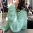 thumbnail image 3 of Suéter de cachemira de imitación de visón con cuello redondo verde menta para mujer, suéter de punto holgado de estilo coreano de estilo perezoso, de alta clase y aspecto excelente, 3 of 6