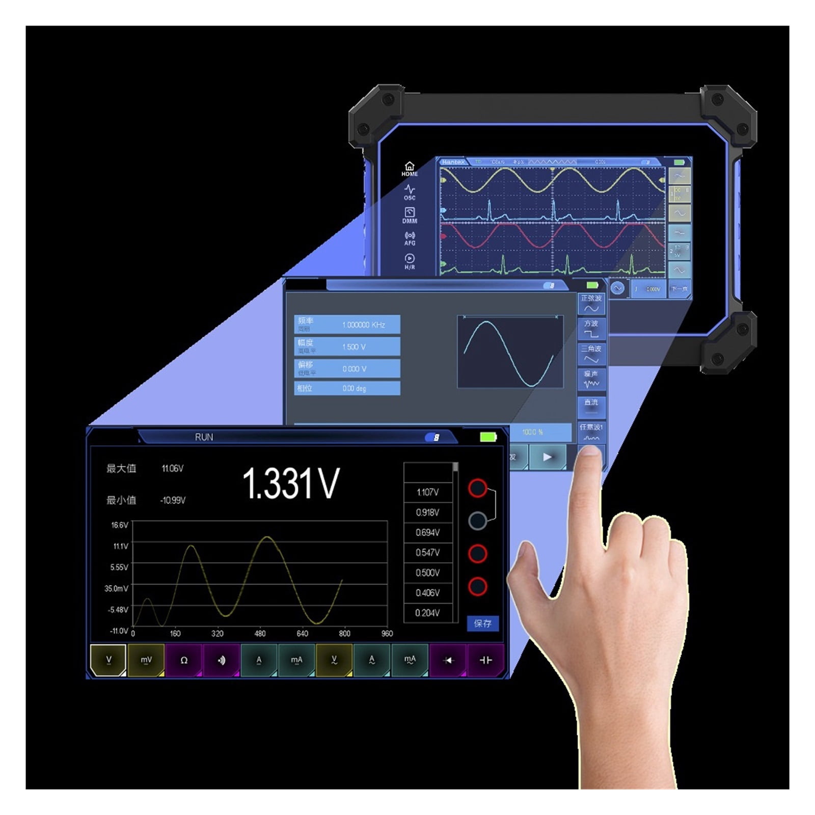 3 in 1 Digital Stora Oscilloscopes + Signal Source+Multimeter 2 Channels 110Mhz Bandwidth Portable Osciloscopio ,Professional Designed