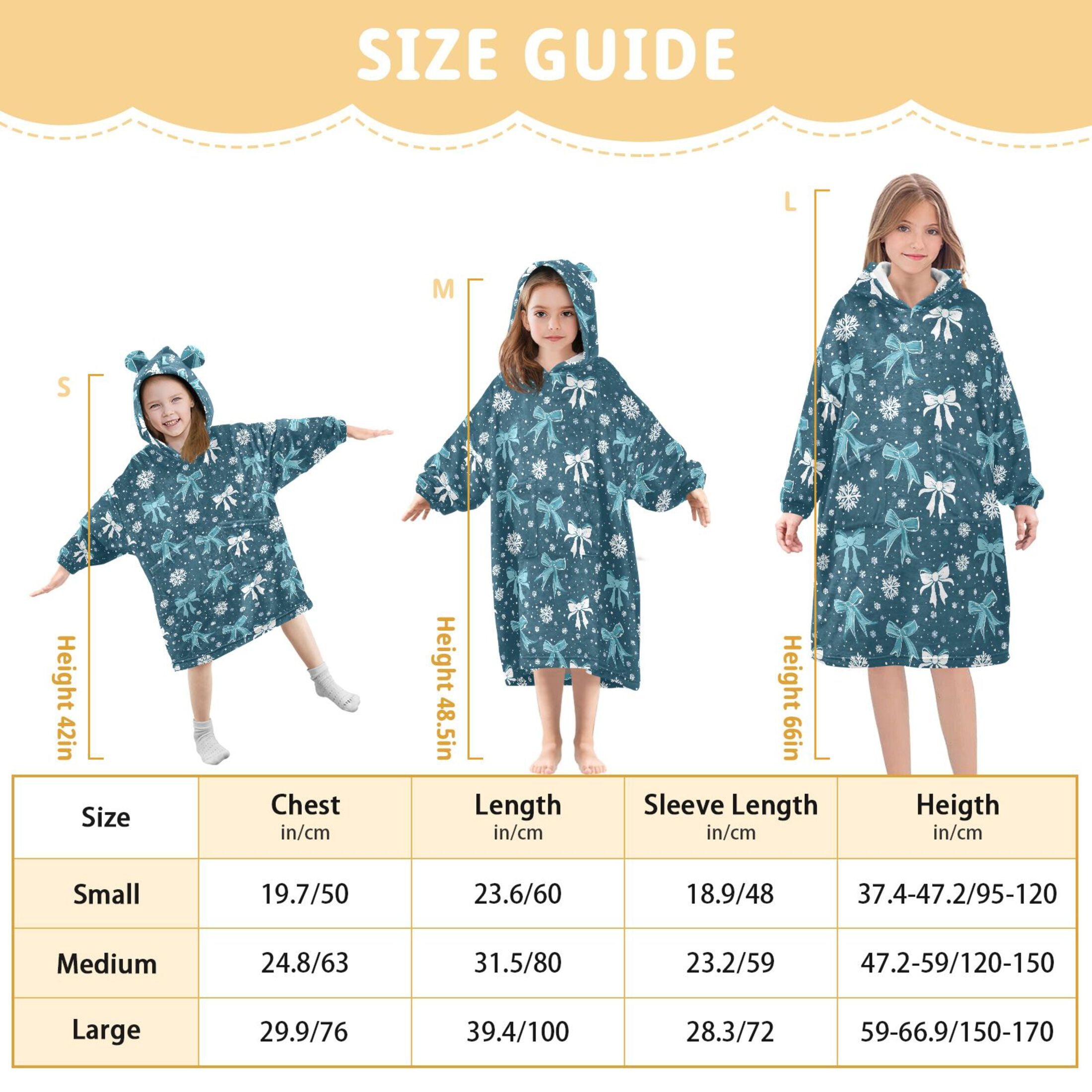 Wearable Blanket Hoodie for Kids White Blue Bow Snowflakes Flannel Hooded Blanket with Pockets and Sleeves Suitable for Boys and Girls