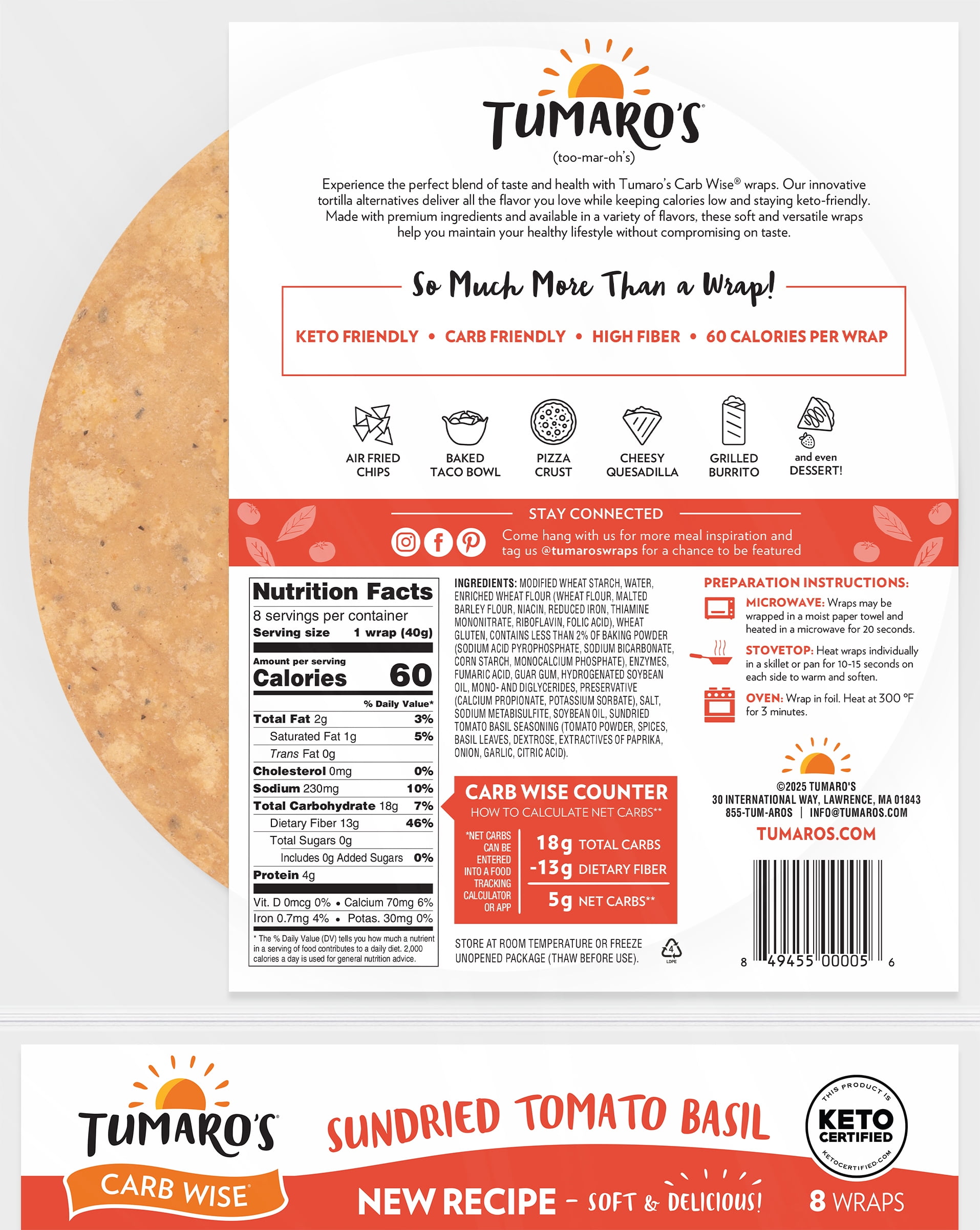 Tumaro's Sundried Tomato Basil Carb Wise Wraps, 3 pack, 24 count