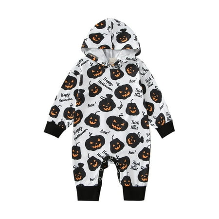 

Gwiyeopda Halloween Newborn Baby Hooded Romper Plaid Grimace/Pumpkin Printed Long Sleeve Overalls Casual Simple Style Jumpsuit