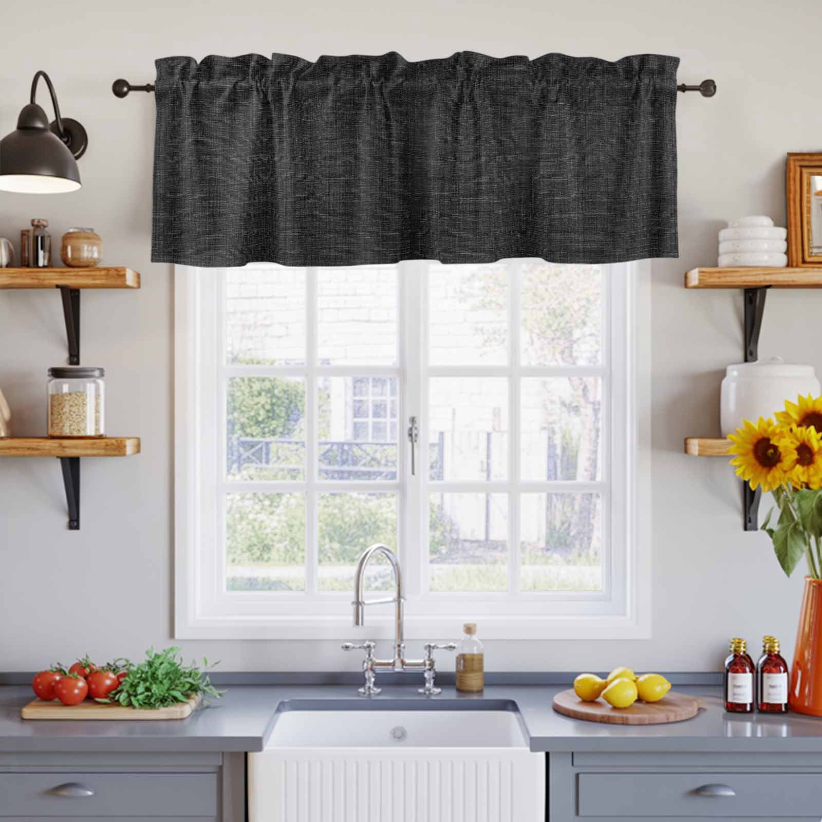 2 Panels Black Valance for Windows, Farmhouse Burlap Solid Black Color Modern Linen Texture Light Filtering Kitchen Curtains, Rod Pocket Window Treatment Curtain Valances for Living Room, 60"x18"
