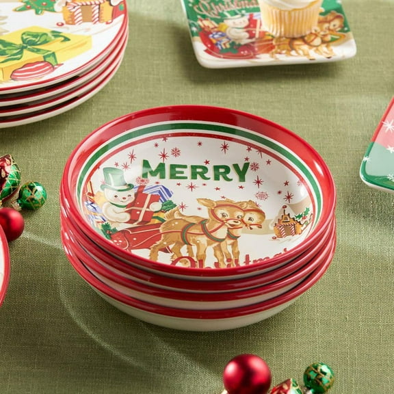 Santa's Retro Christmas Assorted Colors Ceramic Soup Bowls 38 fl. oz. 9 in. x 2 in. (Set of 4)