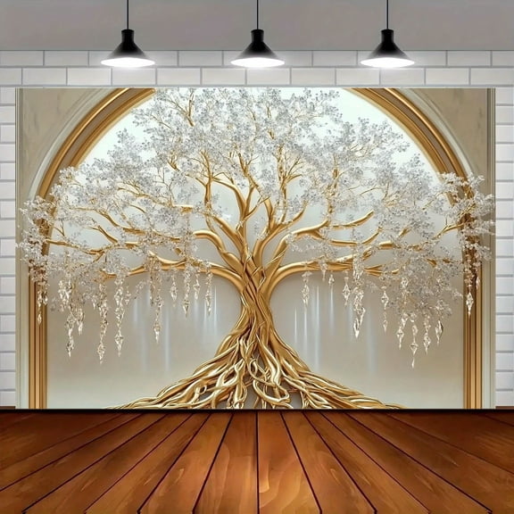 White Tree of Life Backdrop Elegant Golden Branches White Flowers Wall Hanging, Perfect Decor for Bedroom, Office, and Events, Party Banner Background Cloth, Office Decoration, Decorative Tapestry