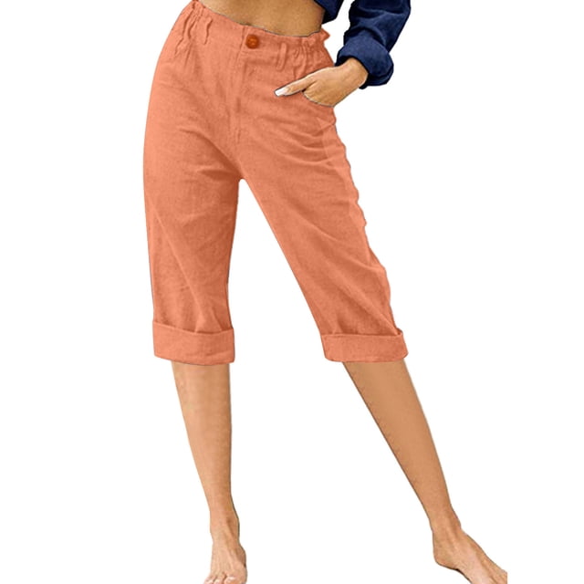 Innerwin Cropped Pant High Waist Women Capri Pants Beach Button Lounge Capris Orange 2XL