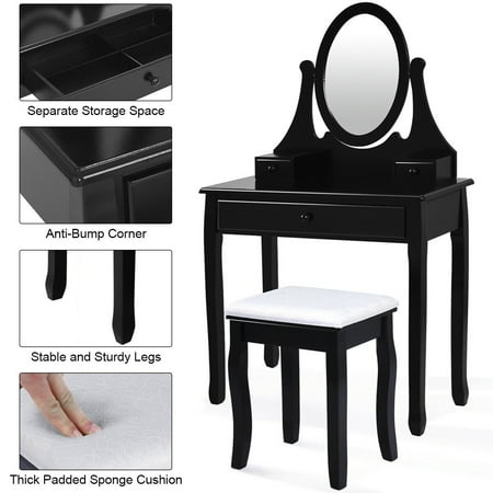 Gymax Bathroom Wooden Mirrored Makeup Vanity Set Stool Table Mirrored Makeup Vanity Set Stool Table