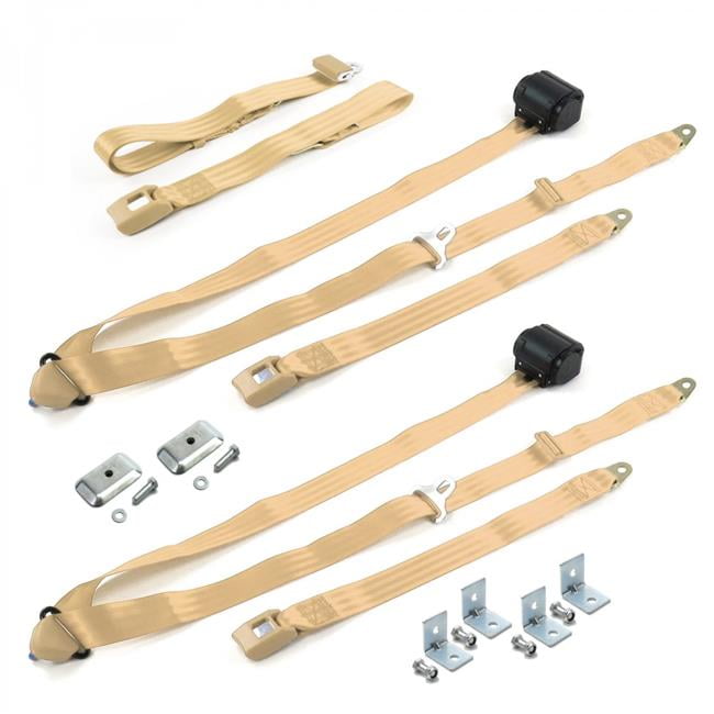 Standard 3 Point Tan Retractable Bench Seat Belt Kit with Bracketry & 3