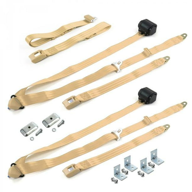 Standard 3 Point Tan Retractable Bench Seat Belt Kit with Bracketry & 3