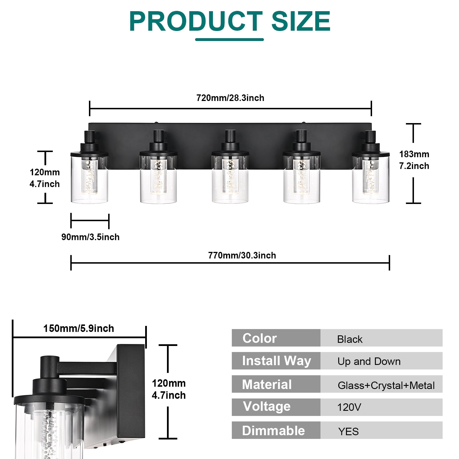Melucee 5CCT Dimmable LED Black Vanity Lights 5-light, Modern Vanity Lighting Fixtures with Crystal Light Columns and Clear Glass for Bathroom Bedroom