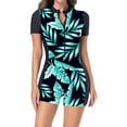 thumbnail image 2 of Stamzod Surfing Swimsuits for Women Short Sleeve Plam Print Diving Suit Front Zip Wet Suit Women's Kayaking Swimwear Green D XS, 2 of 5