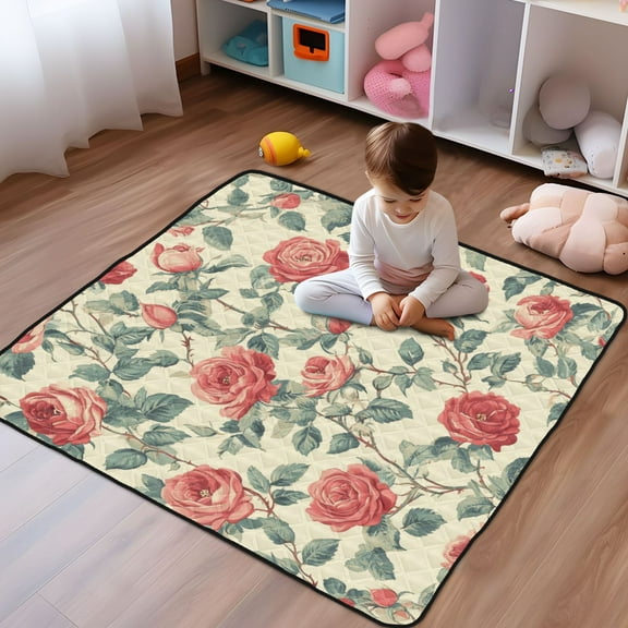 WOBOGO Red Rose Baby Playmats Extra Large Waterproof Rollable Activity Pads for Toddlers 50×50inch