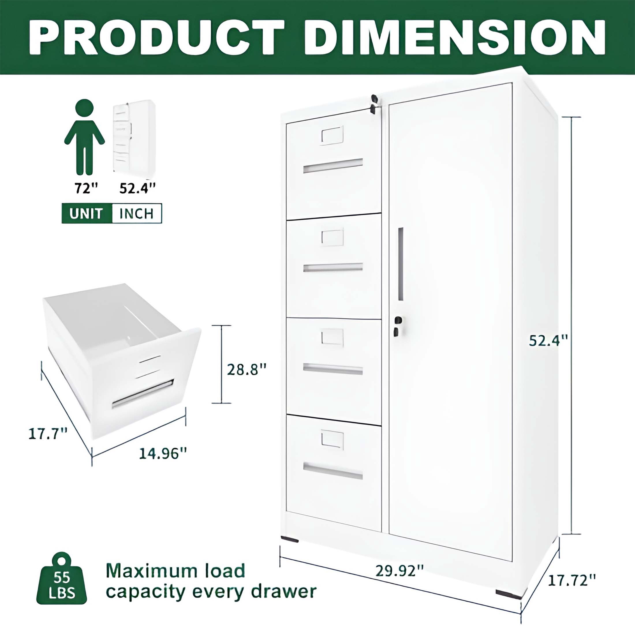 Innovation Works Lockable Metal File Cabinet with 4 Drawers & 1 Door, Storage Filing Cabinet for Home Office, A4 Legal/Letter Size, Assembly Required