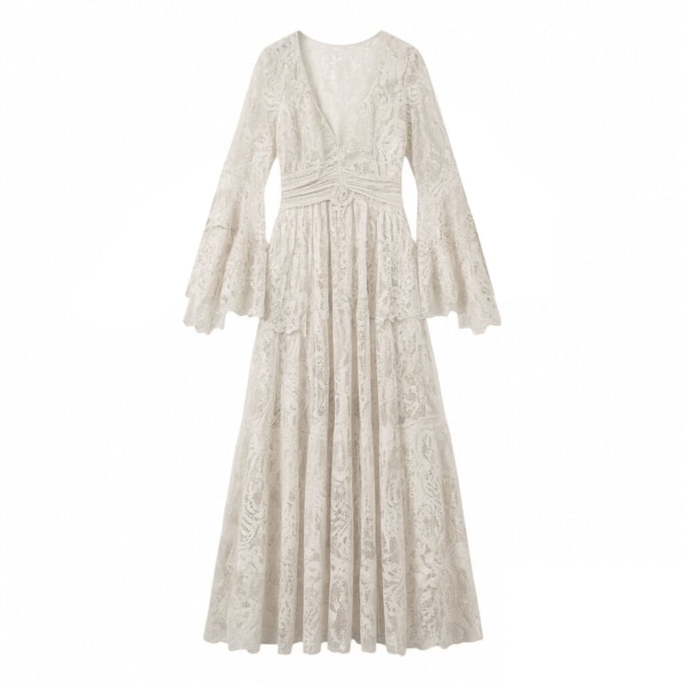 Women's Boho Dresses Fashionable V Neck Flare Long Sleeve Maxi Dress Elegant Flowy Wedding Guest Gown Lace Dresses for Women Beige XL