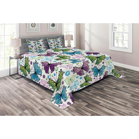 Ambesonne Butterfly Quilted Coverlet 3 Pcs, Wings Hearts and Dots, King Size, Multicolor