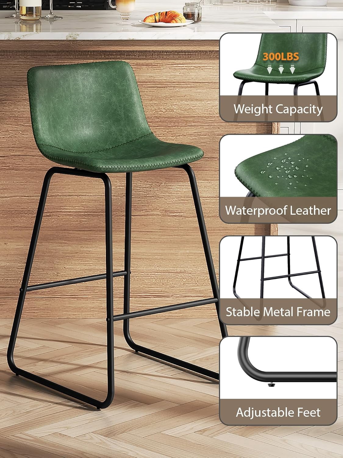LainTene 26" Bar Stools Set of 2 – Faux Leather Counter Height Stools with Backrest & Footrest, Heavy-Duty Metal Frame for Kitchen, Bar, Living Room, Green
