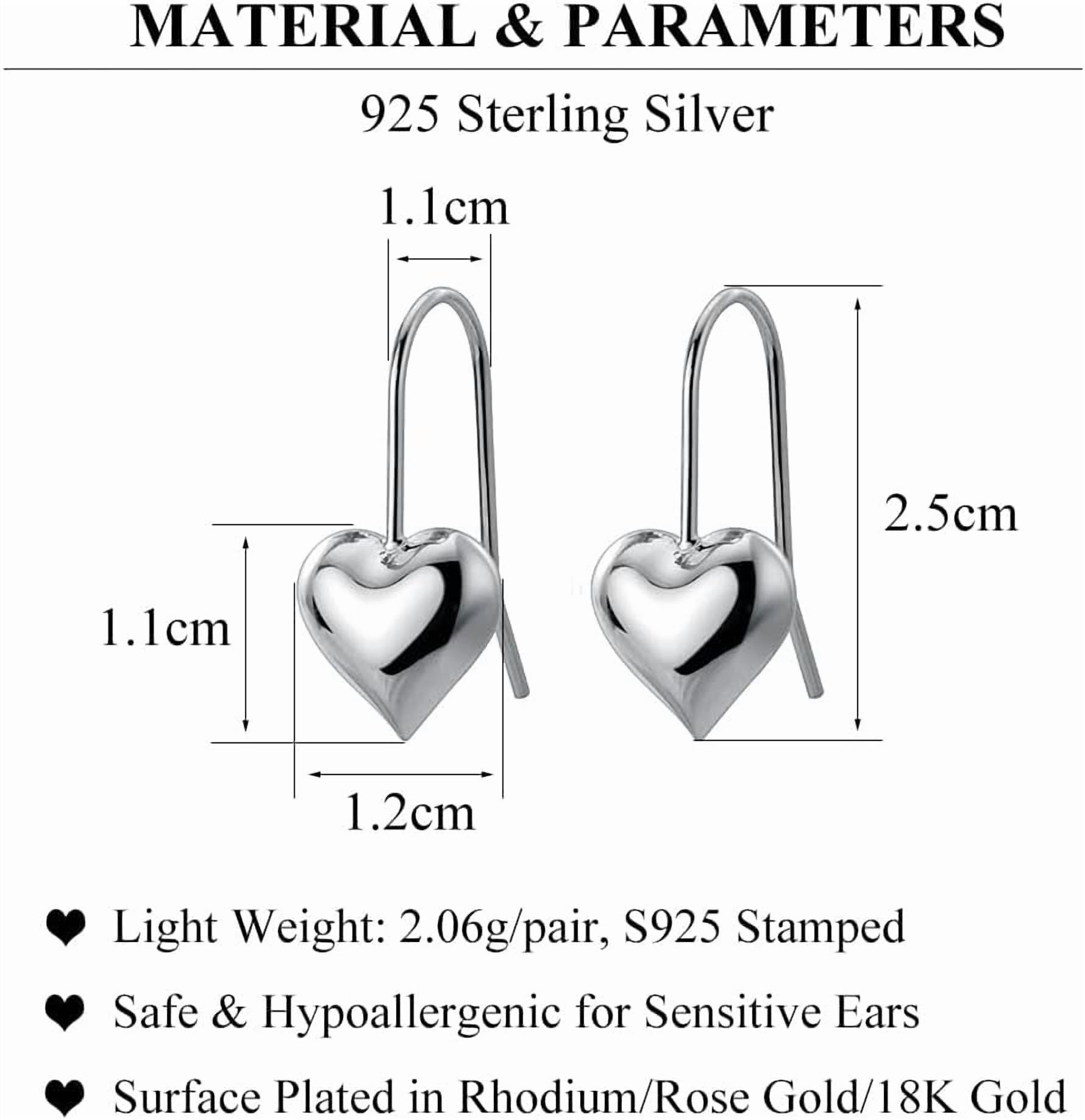 Solid 925 Sterling Silver Heart Drop Earrings for Women Teen Love Heart Dangle Earrings Hook
