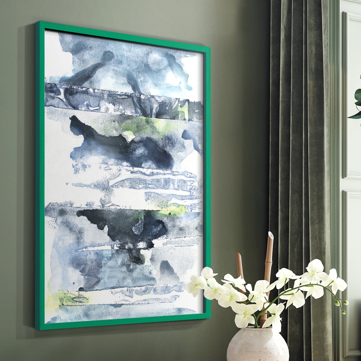 Blue Memories II Framed Print in Green Solid Wood Framed Print No Nail Hanging