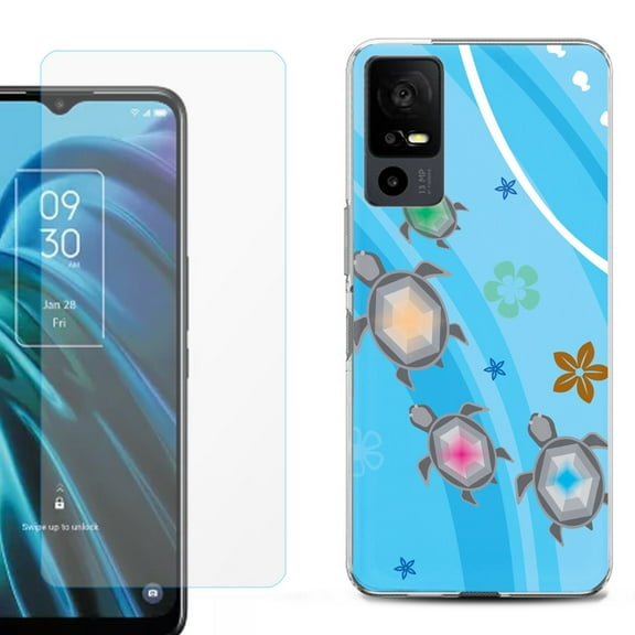 OneToughShield ® for TCL 40 XE 5G Shockproof Fashion Phone Case, with Tempered Glass Screen Protector - Happy Turtle