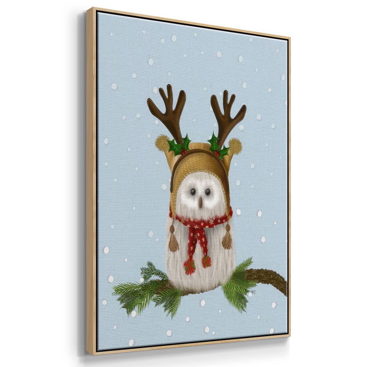 Christmas Fluffy Owl and Antlers - Framed Gallery Wrapped Holiday Canvas - 27 x 41 - Natural Wood Frame