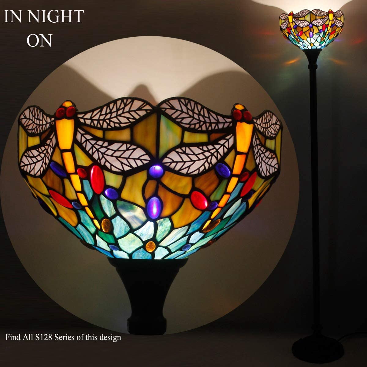 Tiffany Floor Torchiere Lamp LED 66" Tall Industrial Bronze Pole Vintage Boho Stained Glass Dragonfly Retro Rustic Standing Uplight Corner Bright Torch Light Living Room Kids Bedroom Office