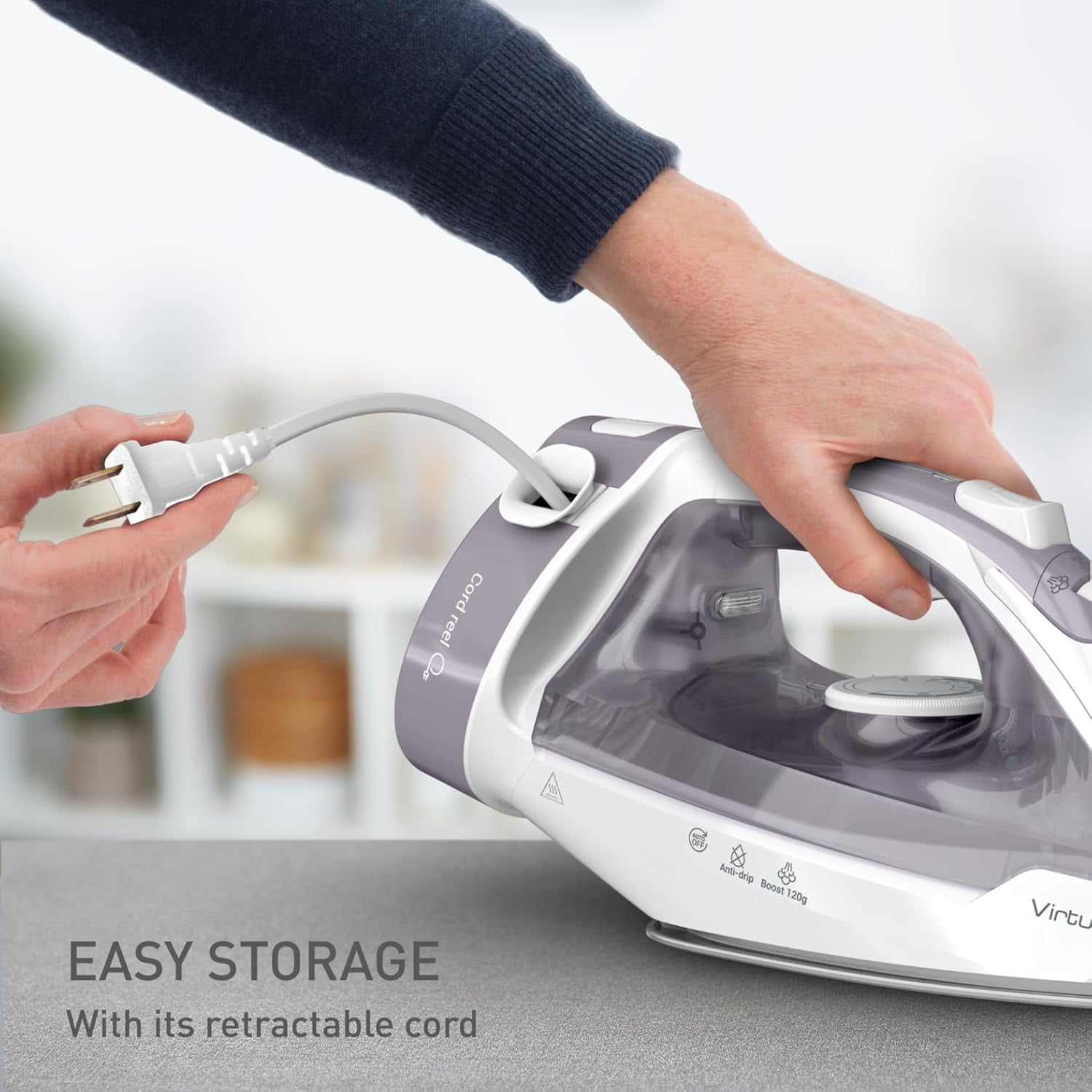 T-fal Virtuo 30 Steam Iron, 1500W Retractable Cord Steam Iron with Ceramic Soleplate and Auto Off, Model FV2C80U0
