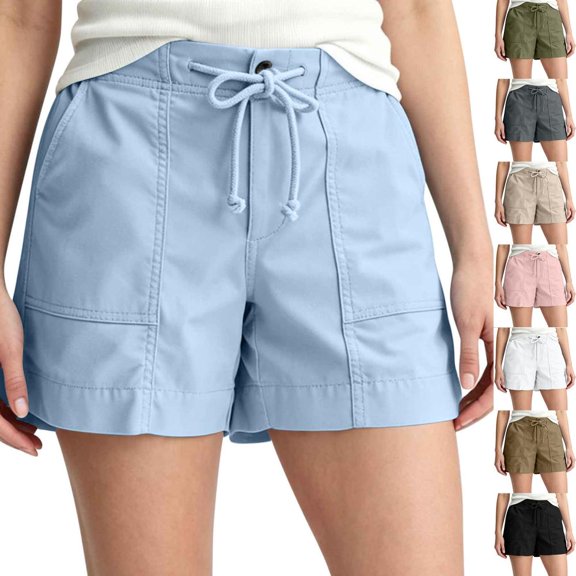 HBBIKVI Cargo Bermuda Shorts for Women Drawstring Paper Bag Waist Shorts With Elastic Waist Elastic Band Exterior Pocket Adjustable Waist Relaxed Fit for Travel Vacation