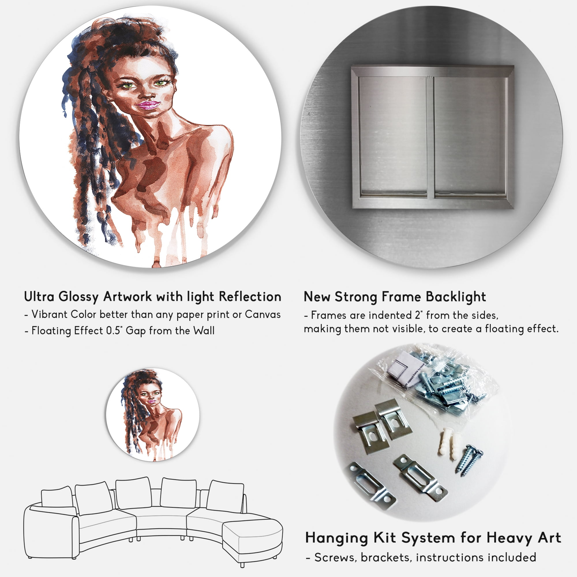 Designart 'Portrait of Afro American Woman VIII' Modern Circle Metal Wall Art 29x29 - Disc of 29