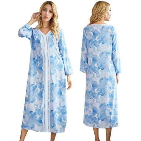 

Retap Spring Ladies Printed Nightdress Long Sleeve Pajamas Casual Homewear Blue S