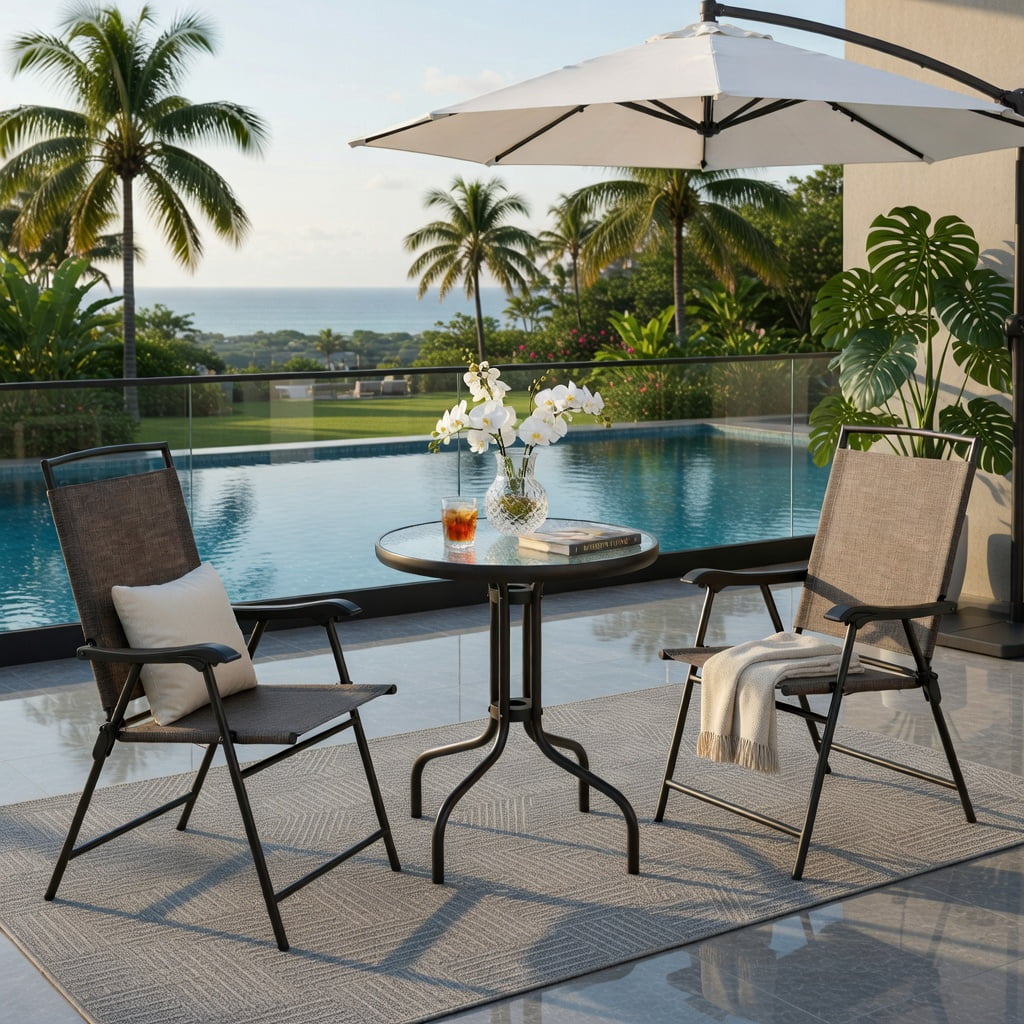 Hommoo 3-Piece Outdoor Patio Set, Round Tempered Glass Table & 2 Folding Chairs with Breathable Fabric Seats, Compact for Balcony & Small Spaces, Brown