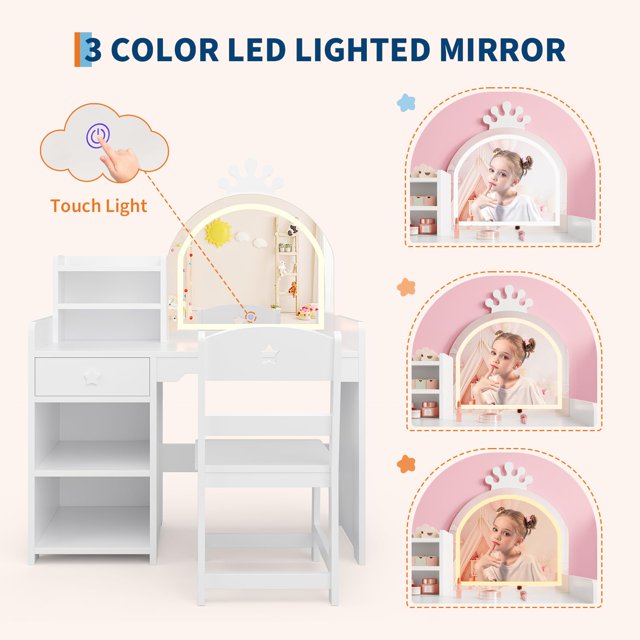 Kojooin Kids Vanity with Lighted Mirror, 2-in-1 Princess Vanity Table & Chair Set