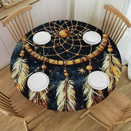 

Palnkart Dream Catcher Feathers Stars Round Tablecloth Stain-Resistant Washable Waterproof Fabric for Indoor Outdoor Use Weddings Parties 46 -50