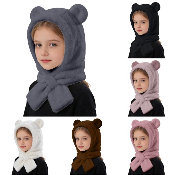 lnmuld Solid Kids Bear Ear Plush Hat Scarf Integrated Tie Neck Warm Winter Headwear for Boys Girls Grey,12-24 Months