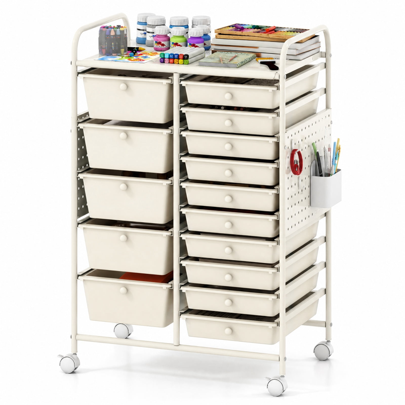 Furnibear 15 Drawer Rolling Storage Cart with Metal Tabletop Pegboard and Locking Wheels for Kitchen Office and Classroom Organizing, White