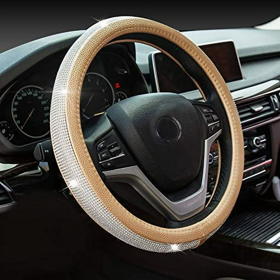 New Diamond Leather Steering Wheel Cover with Bling Bling Crystal Rhinestones, Universal Fit 15 Inch Anti-Slip Wheel Protector for Women Girls,Gold