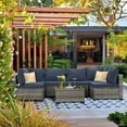 thumbnail image 4 of FHFO 7 Pieces Patio Furniture Set, All-Weather wicker Outdoor Conversation Set, Outdoor rattan Sectional Sofa Set w/ Washable Cushions & Glass Coffee Table for Porch Poolside Backyard-Gray/blue, 4 of 8