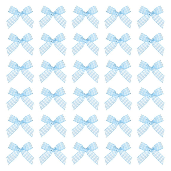 100 Pcs Mini Gingham Ribbon Bows for Craft DIY Cake Sewing Wedding Birthday Party Decoration, Pale Blue White