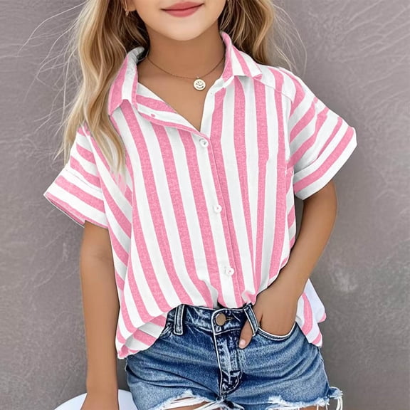 Amidoa Girls Short Sleeve Crewneck Striped Summer T Shirts Casual Kids Tops Pink Size 9