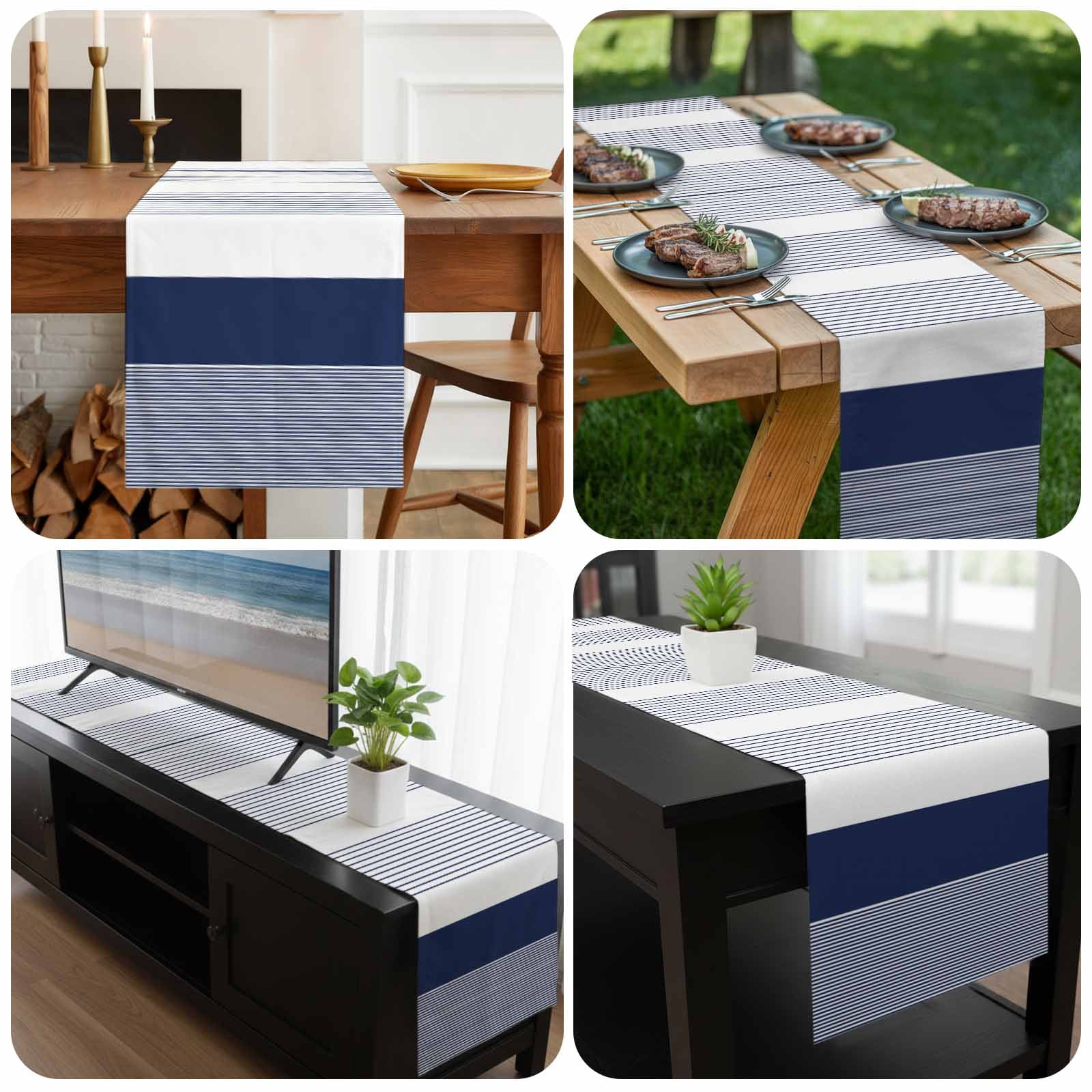 Navy Blue Stripe Table Runner 36 Inches Long, Modern Rustic Horizontal Blue Striped Kitchen Coffee Dining Table Decoration for Home Party Birthday Wedding Home Decor 13x36 Inches