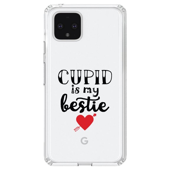 DistinctInk Clear Shockproof Hybrid Case for Google Pixel 4 (6.1" Screen) - TPU Bumper Acrylic Back Tempered Glass Screen Protector - Cupid is My Bestie - Heart - Valentine