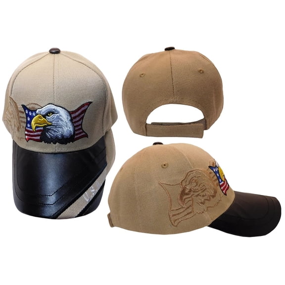 USA Wavy Flag Bald Eagle American Khaki Beige Adjustable Embroidered Cap Hat