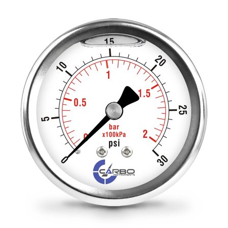 CARBO Instruments 2 1-2" Pressure Gauge, Stainless Steel Case, Chrome Plated Brass Connection, Lqiuid Filled, 0-30 psi/kPa, Back Mount 1/4" NPT
